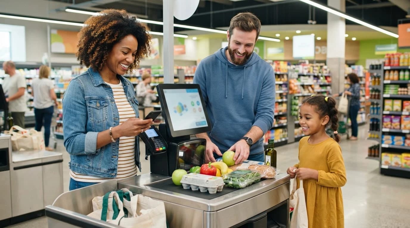 A family smiles at a self-checkout while the mom checks her phone