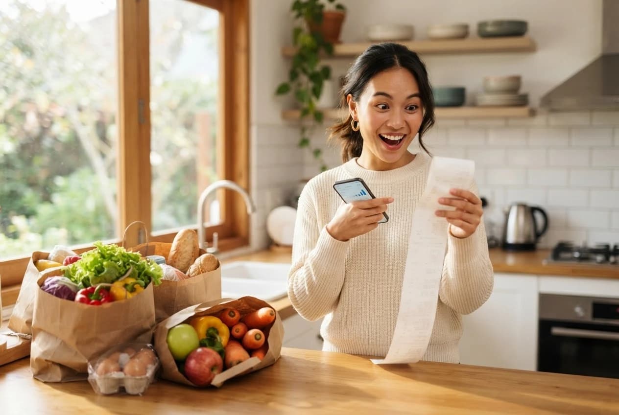 A delighted woman holds a long receipt and her phone in her kitchen