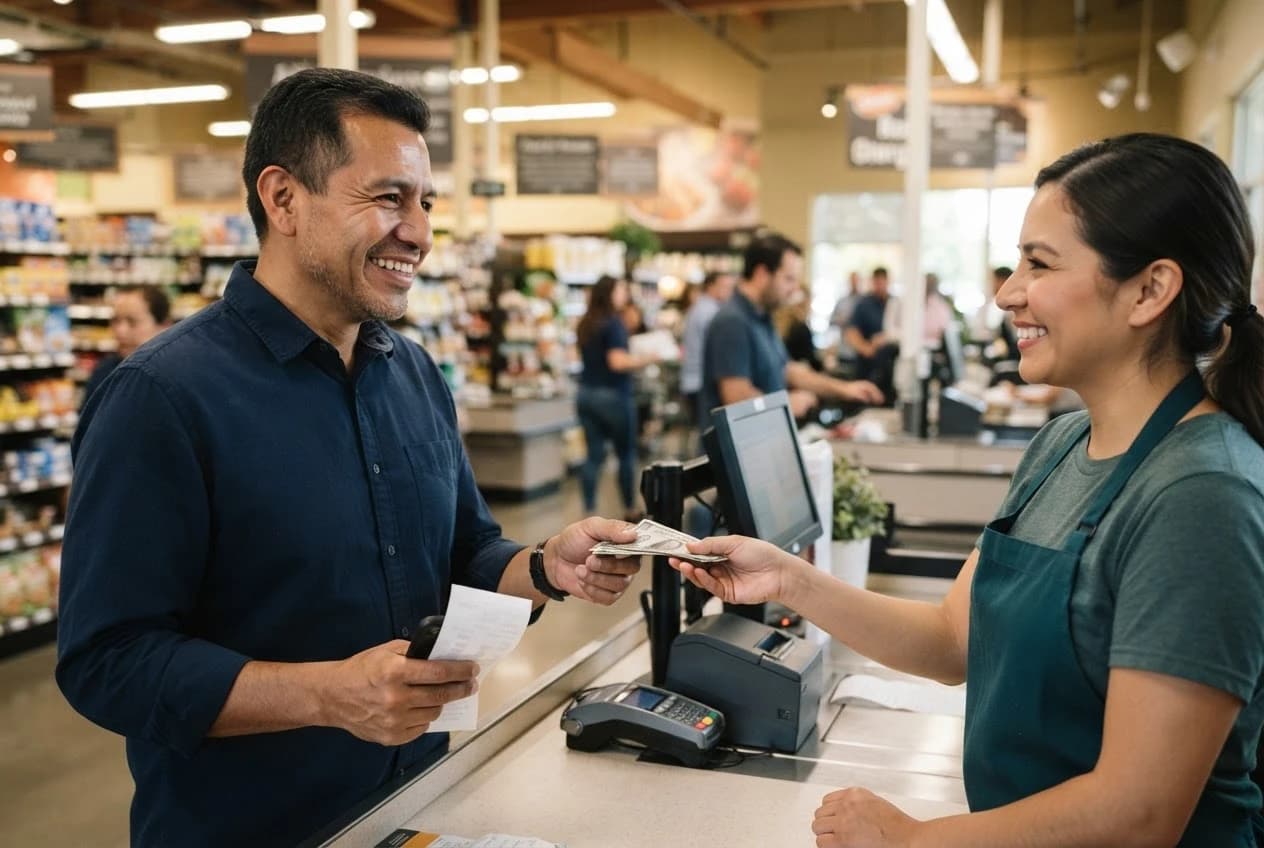 A shopper gets cash back from a smiling employee at customer service